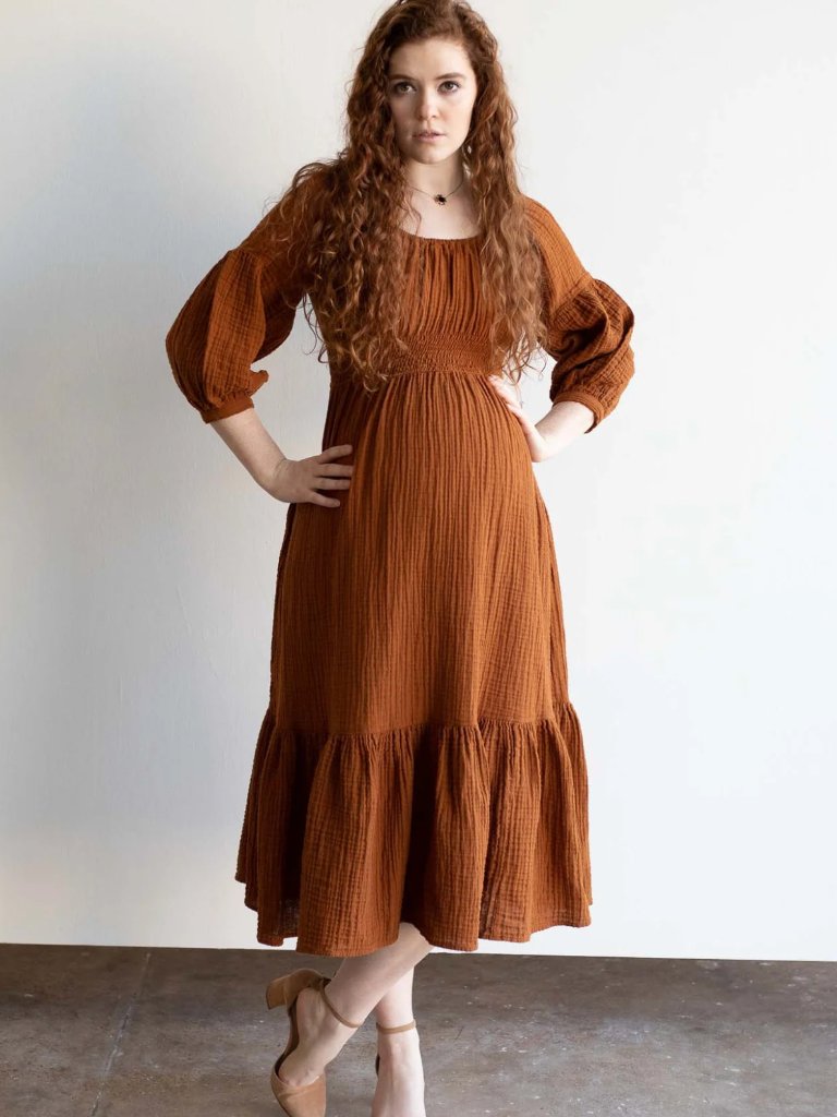 Emme Mama Eliza Maternity Dress Cinnamon Brown Cotton Gauze Size M — image 5 of 8